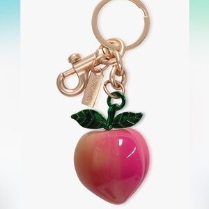 Juicy Peach purse bag charm clip Keychain, Green Leaves, gold hardware